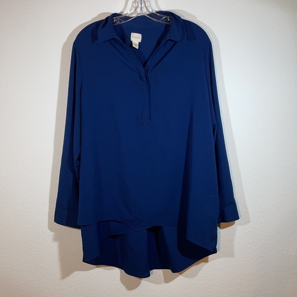 CHICO'S henley Navy Blue 3/4 button down Size Large 12 corpcore office business